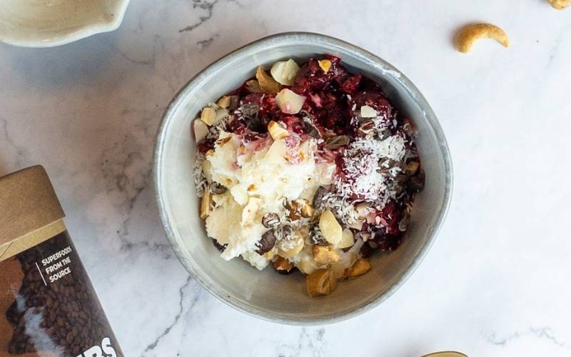 Keto Yogurt Recipe with Raspberry and Crushed Nuts