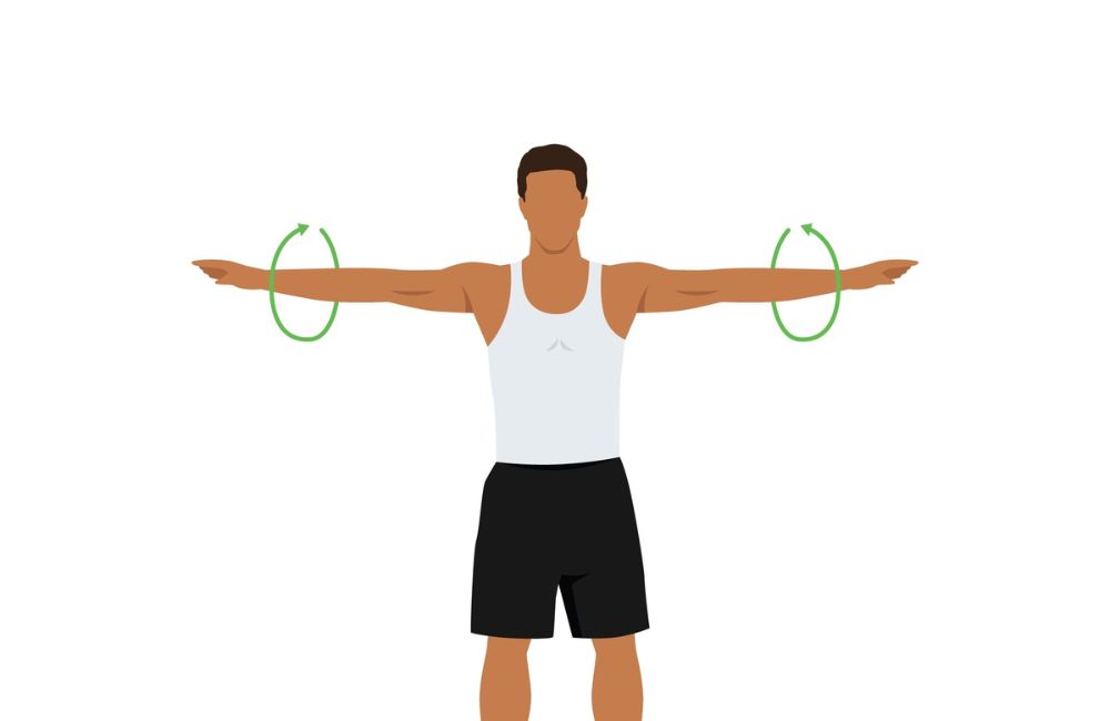 Man doing Standing arm circles exercise. Flat vector illustration isolated on white background
